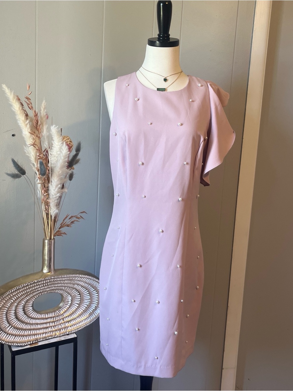 Lucy Paris Lilac One-Shoulder Pearl Accent Dress